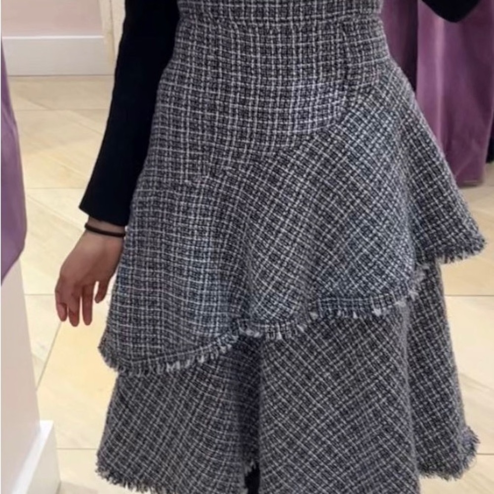 Tiered A-Line Tweed Midi Skirt in Black and White